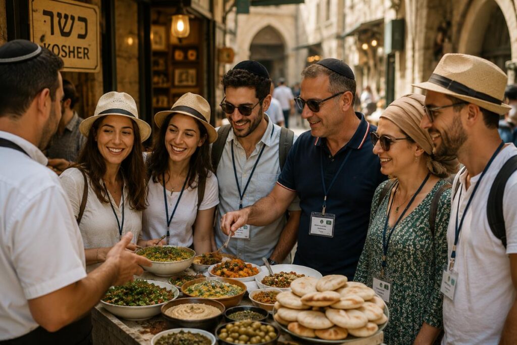 קבוצת אנשים נהנית מסיור קולינרי כשר ברחובות העיר